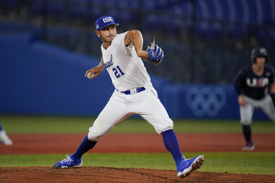 Israel's Jonathan De Marte pitches during the sixth inning of a baseball game against the United States at the 2020 Summer Olympics, Friday, July 30, 2021, in Yokohama, Japan. (AP Photo/Sue Ogrocki)