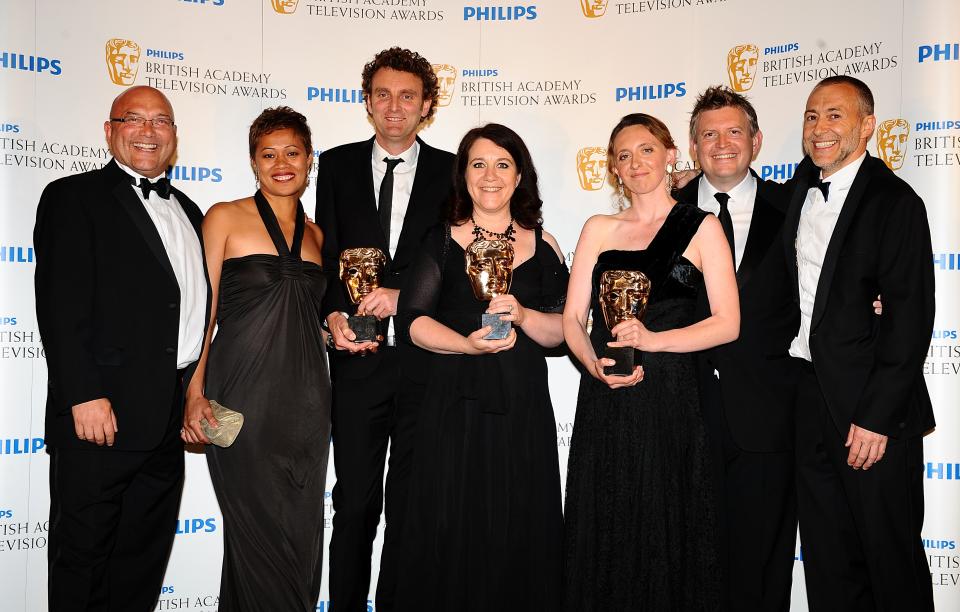 (left to right) Gregg Wallace, Monica Galetti, David Ambler, Karen Ross, Antonia Lloyd, Jamie Munro and Michel Roux Jnr. with the Features award received for Masterchef: The Professionals at the BAFTA television awards at the London Palladium.