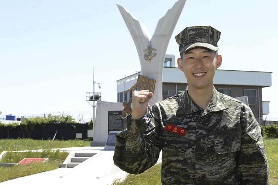 In this undated photo provided by South Korea Marine Corps' Facebook on Friday, May 8, 2020, Tottenham Hotspur forward Son Heung-min poses at a Marine Corps boot camp in Seogwipo on Jeju Island, South Korea. Son finished his three-week military training in South Korea on Friday and was right near the top of the class.(South Korea Marine Corps' Facebook via AP).