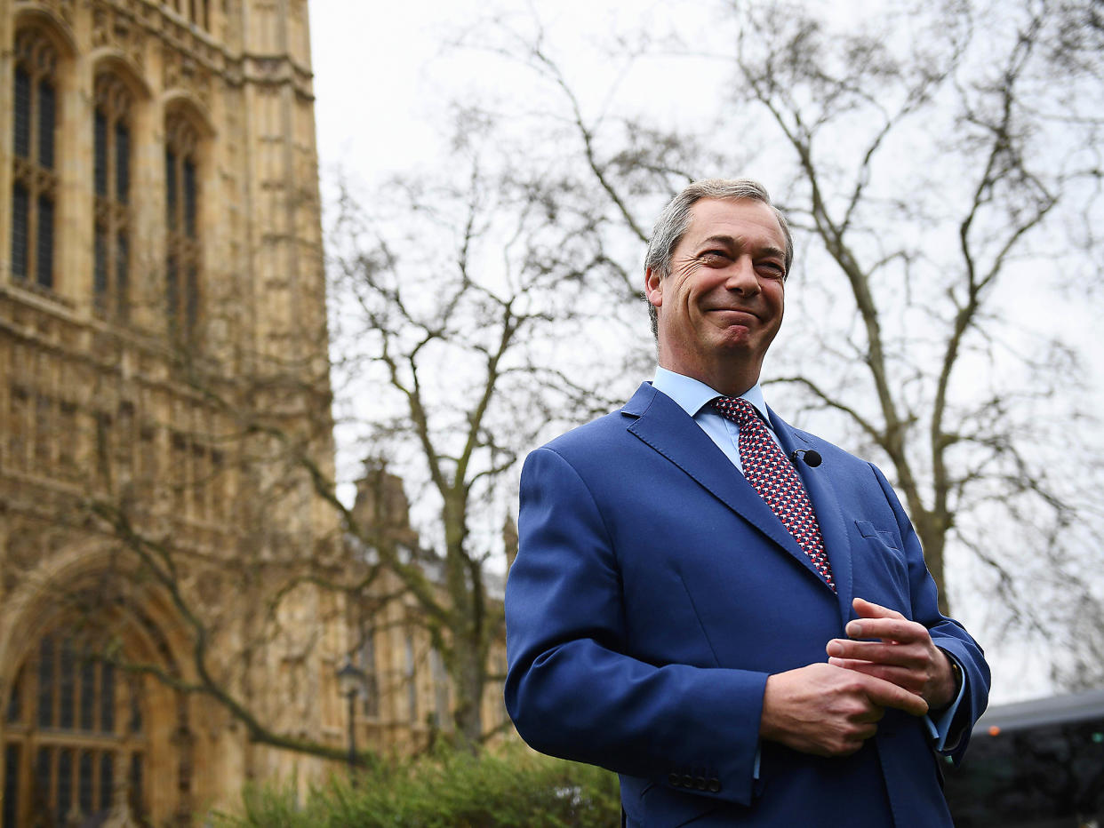 ‘There’ll be lots of arguments and debates over the next two years but we are leaving,’ Farage told the BBC outside Parliament: Getty