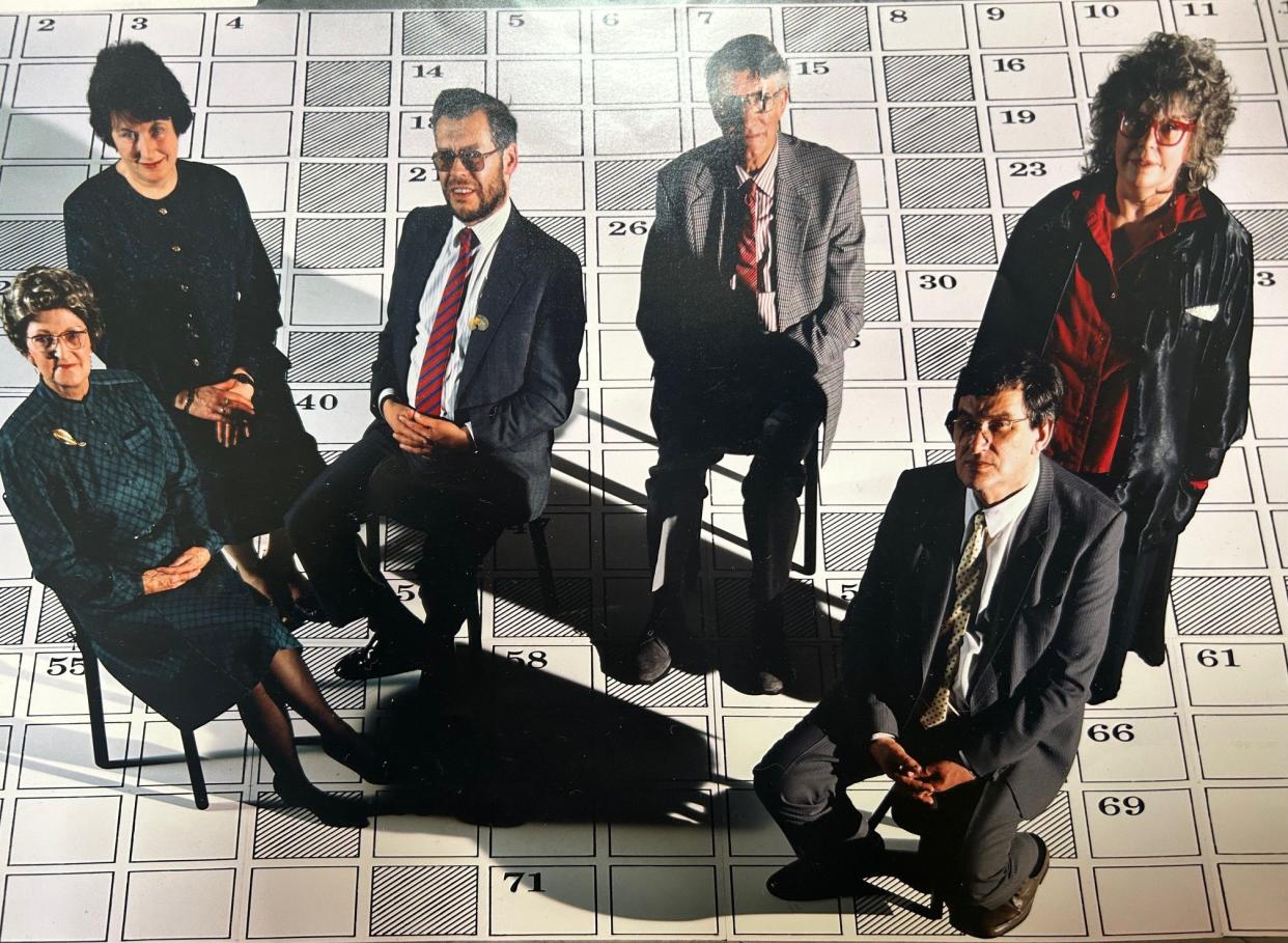 The Daily Telegraph's setters in 1990: from left, Ruth Crisp (Friday), Ann Tait (Wednesday), Peter Chamberlain (Saturday), Leslie Stokes (Tuesday), Bert Danner (Thursday) and puzzles editor Val Gilbert