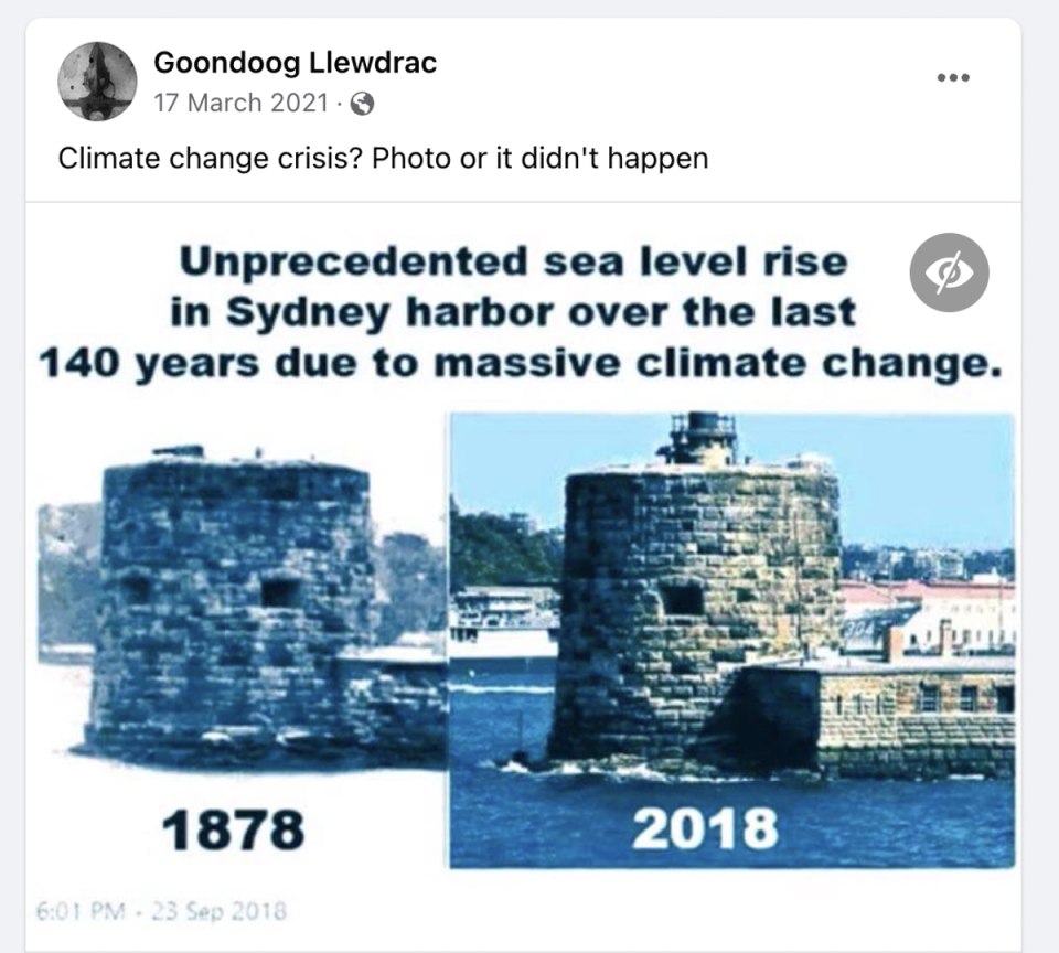 The picture showing Fort Denison does not reflect actual sea level rises (Facebook)