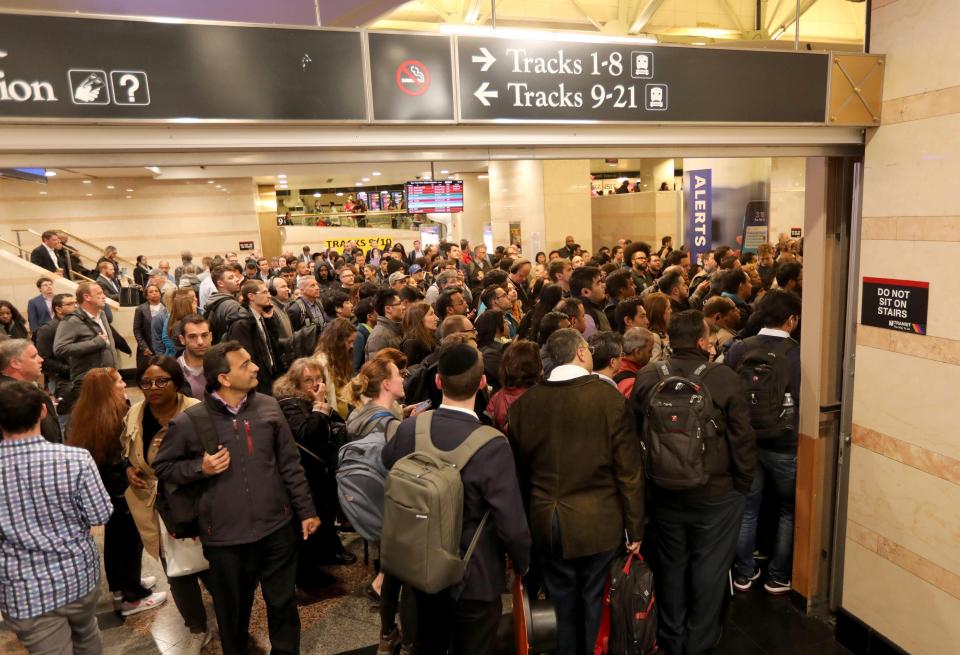 Thousands of commuters make their way towards trains at Penn Station during the evening commute Oct. 17, 2019. After crowding under train schedule boards waiting for gate locations to be posted, commuters rush to their gates, with sometimes only minutes to spare before their train leaves the station. 