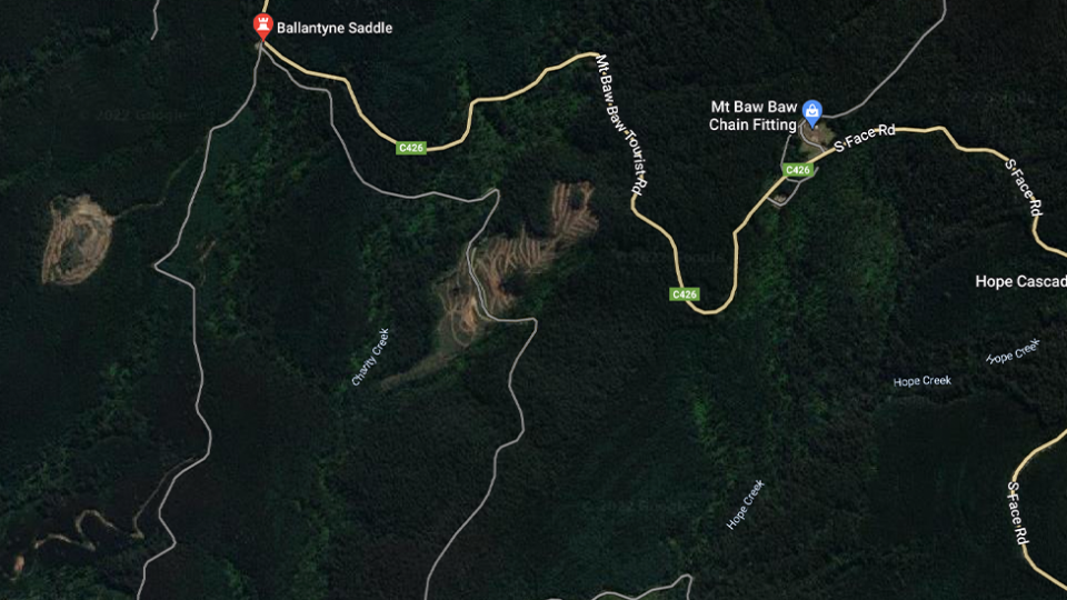 A Google Map showing logged sections of Ballantyne Saddle.