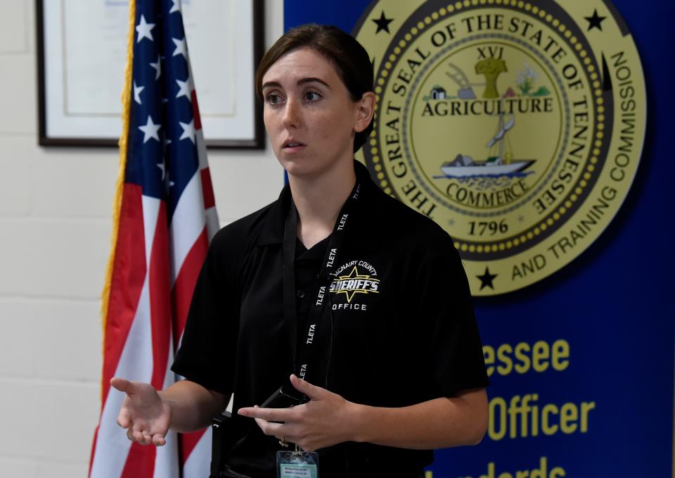 McNair County Sheriff Kayla McVey speaks about the school resource officer training at the Tennessee Law Enforcement Training Academy Thursday, June 27, 2024, in Nashville, Tenn. An additional 40 hours of training is required for any police officer to work in a school.