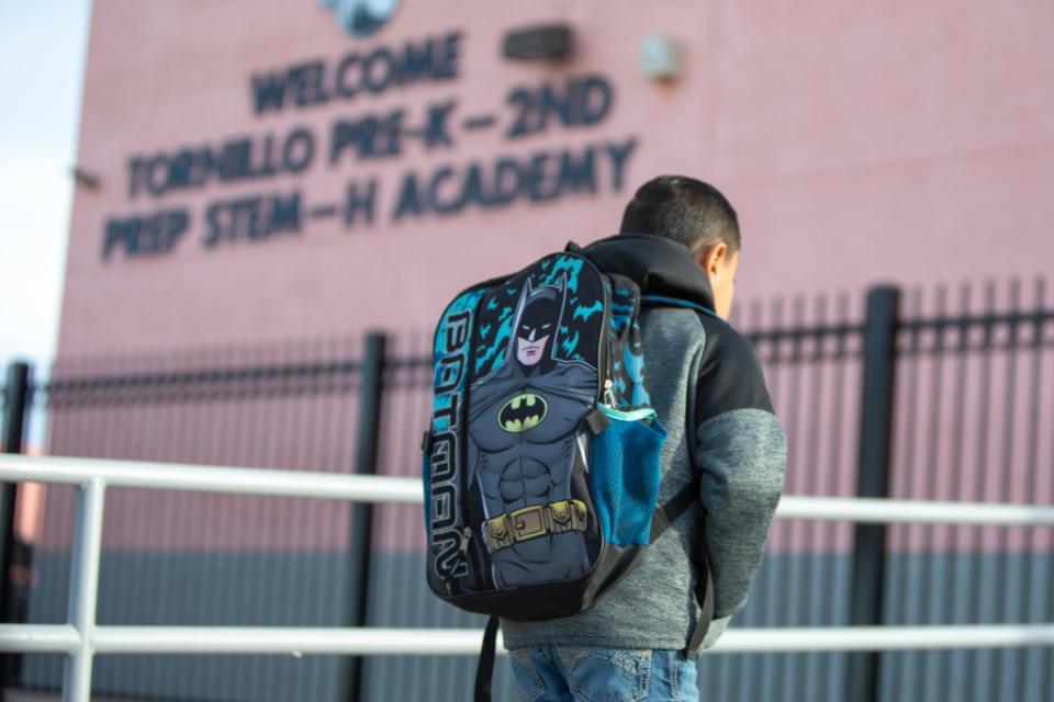 Students arrive at Tornillo ISD’s PreK-8th campus, Monday, Feb. 26. Tornillo has one of the best attendance records in the El Paso region. (Corrie Boudreaux/El Paso Matters)