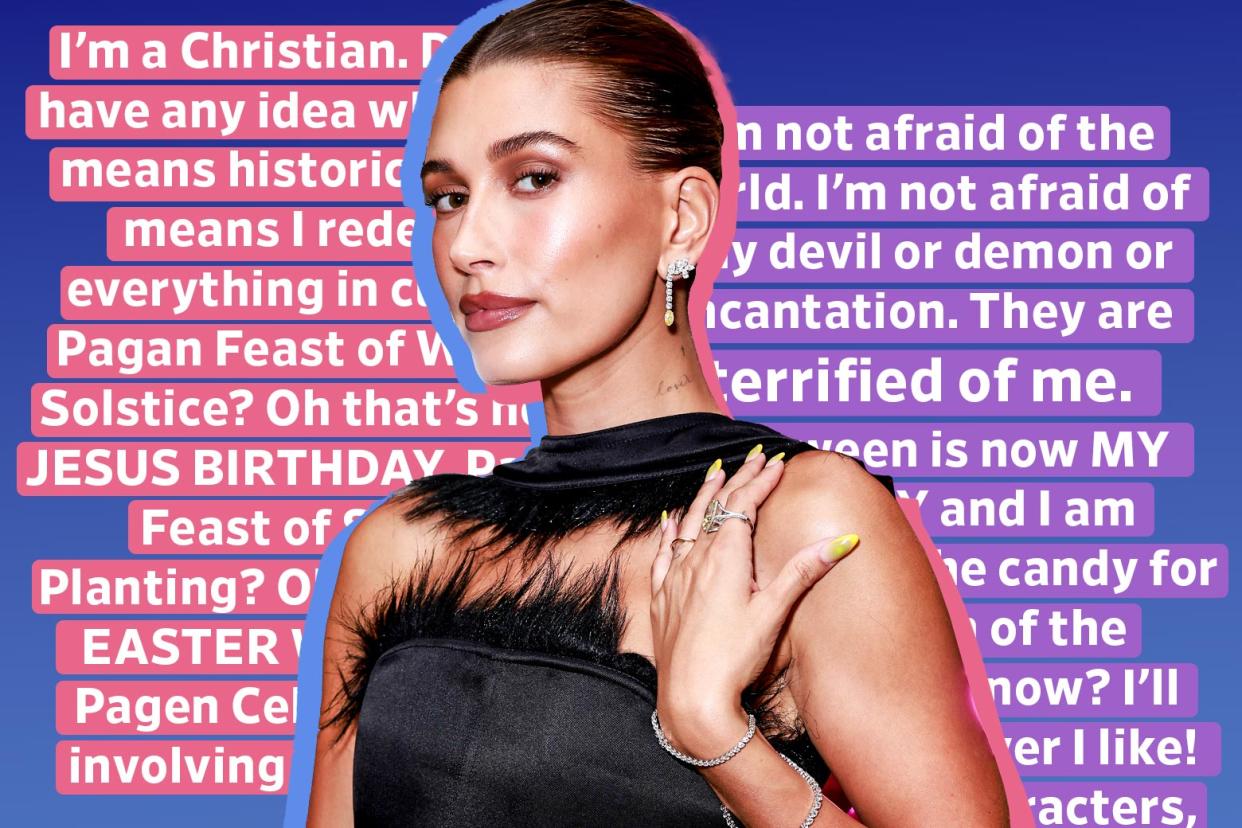 A photo of Hailey Bieber surrounded by the text from a Christian Halloween tweet she shared that went viral.
