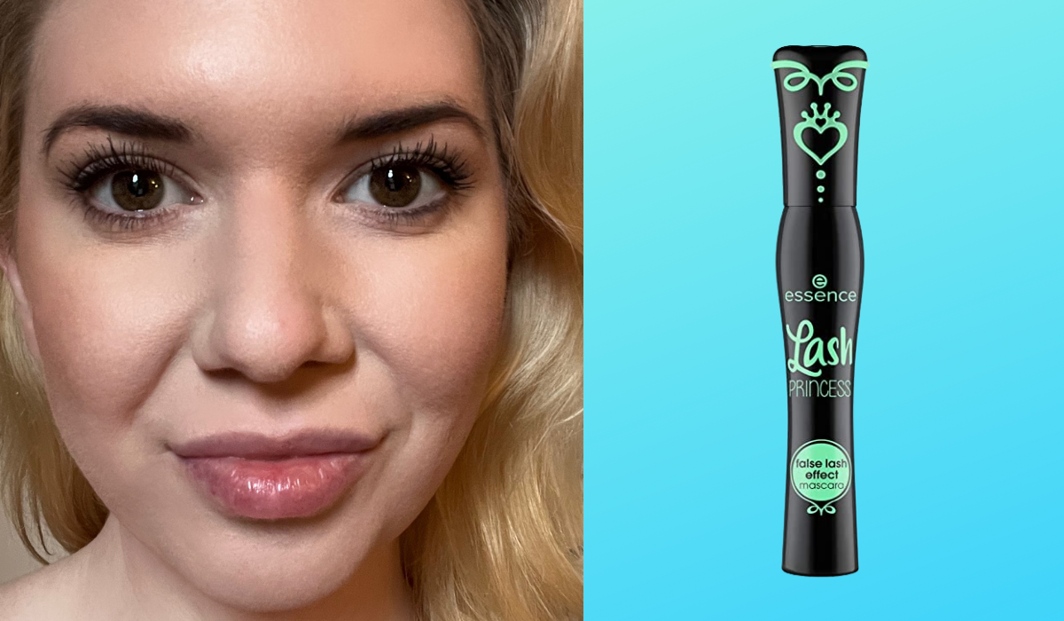 A photo of the writer wearing the mascara next to a photo of the product itself.
