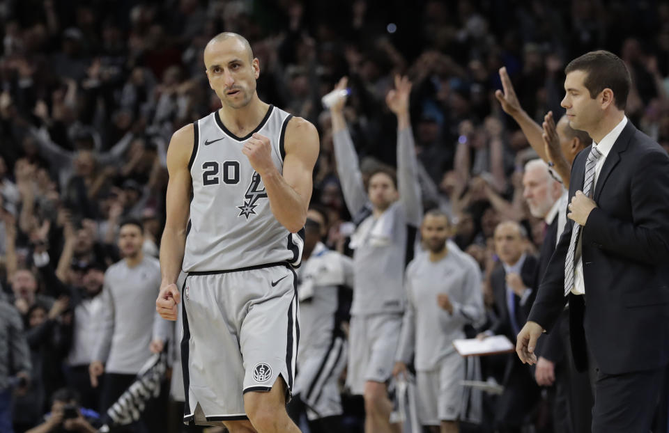 FILE - In this Dec. 8, 2017, file photo, San Antonio Spurs guard Manu Ginobili (20) pumps his fist after hitting the winning shot in the final seconds of the team's NBA basketball game against the Boston Celtics, in San Antonio. Ginobili retired at age 41 Monday, Aug. 27, 2018, after a "fabulous journey" in which he helped the San Antonio Spurs win four NBA championships in 16 seasons with the club. (AP Photo/Eric Gay, File)