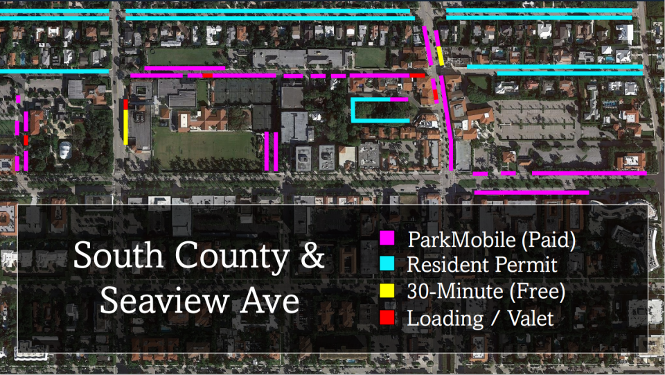 The parking layout currently under consideration, note the paid parking running through Seaview Avenue directly above the town's schools.