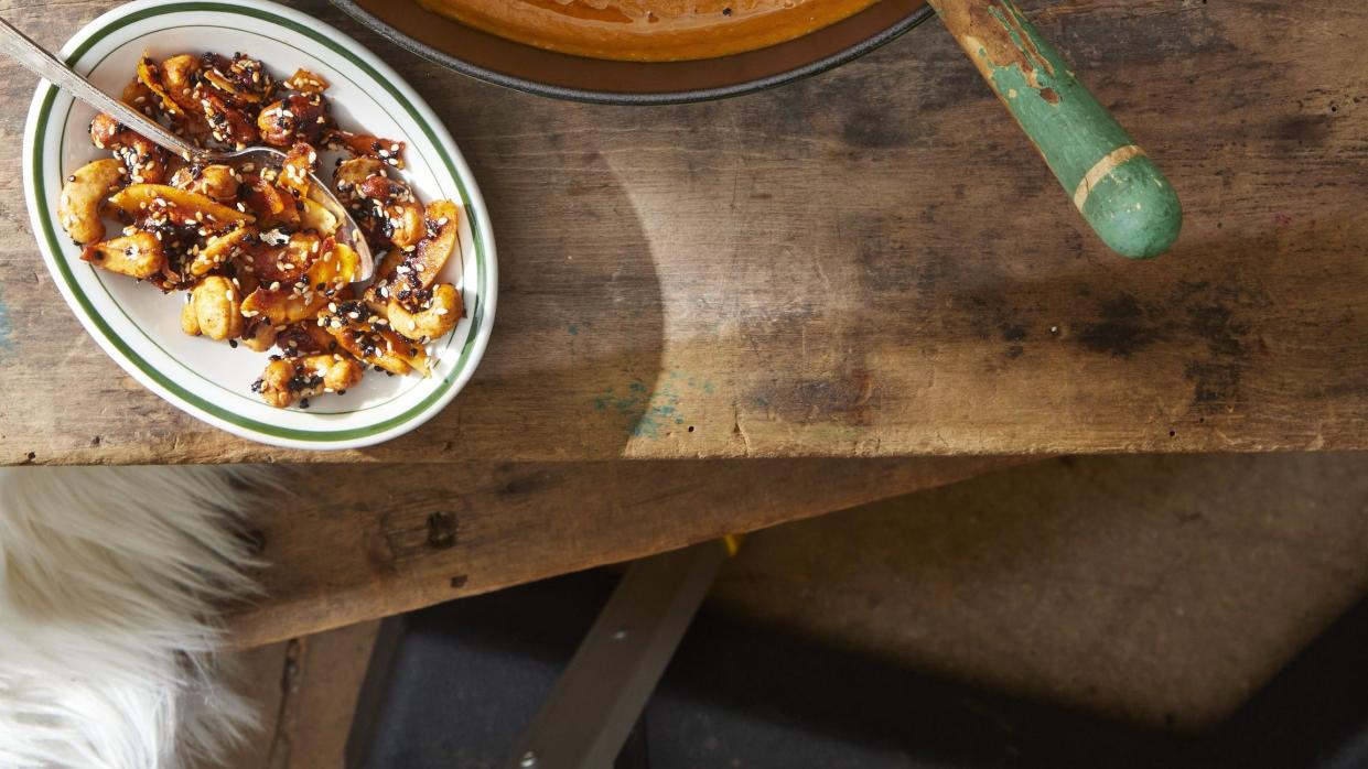 spiced carrot soup with savory sesame granola