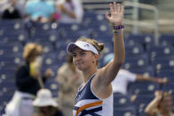 Barbora Krejcikova, of the Czech Republic, reacts after defeating Kamilla Rakhimova, of Russia, during the third round of the US Open tennis championships, Friday, Sept. 3, 2021, in New York. (AP Photo/John Minchillo)