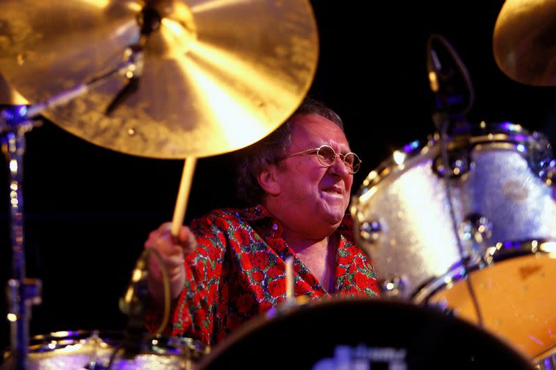 FILE PHOTO: British drummer Mitch Mitchell performs during a tribute concert to U.S. guitarist Hendrix at the Hippodrome in London