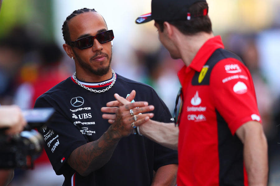 Lewis Hamilton shaking hands with Charles Leclerc