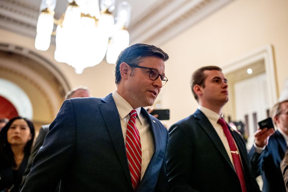 Speaker of the House Mike Johnson, R-La., walks towards the House Chamber on Capitol Hill on April 19, 2024 in Washington, DC.