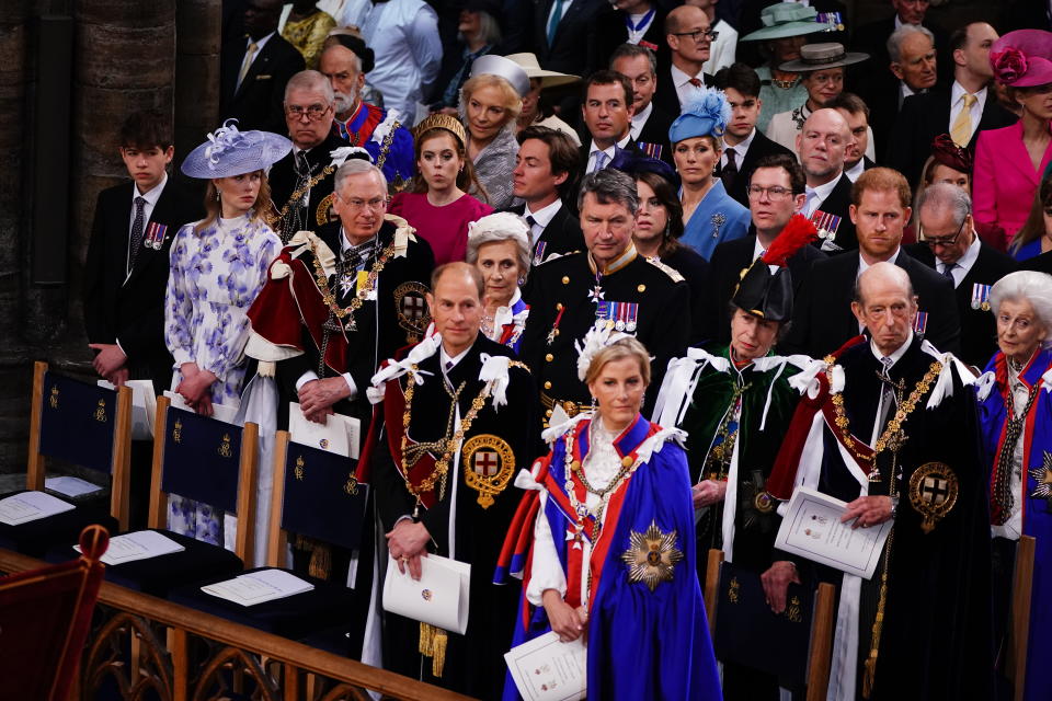 LONDON, ENGLAND - MAY 06: (L-R 3rd and 4th row) Prince ANdrew, Duke of York, Princess Beatrice, Edoardo Mapelli Mozzi, Peter Phillips, Zara Tindall, Princess Eugenie, Jack Brooksbank, Mike Tindall and Prince Harry, Duke of Sussex, (L-R 2nd row) James Mountbatten-Windsor, Earl of Wessex, Lady Louise Windsor, Prince Richard, Duke of Gloucester, Birgitte, Duchess of Gloucester, Princess Anne, Princess Royal, Vice Admiral Sir Tim Laurence, Prince Michael of Kent, Princess Michael of Kent, (1st row) Prince Edward, Duke of Edinburgh and Sophie, Duchess of Edinburgh attend the Coronation of King Charles III and Queen Camilla on May 6, 2023 in London, England. The Coronation of Charles III and his wife, Camilla, as King and Queen of the United Kingdom of Great Britain and Northern Ireland, and the other Commonwealth realms takes place at Westminster Abbey today. Charles acceded to the throne on 8 September 2022, upon the death of his mother, Elizabeth II. (Photo by Yui Mok - WPA Pool/Getty Images)