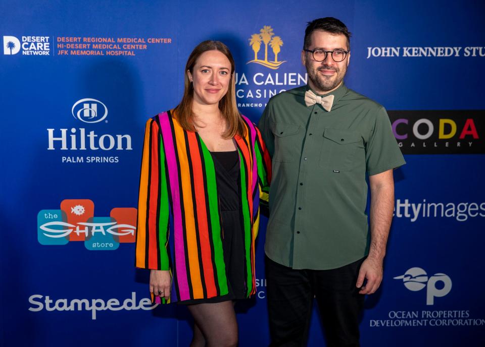 Director Ariane Louis-Seize and cinematographer Shawn Palvin of "HUMANIST VAMPIRE SEEKING CONSENTING SUICIDAL PERSON" pose together on the red carpet for opening night of the Palm Springs International Film Festival at the Richards Center for the Arts at Palm Springs High School in Palm Springs, Calif., Friday, Jan. 5, 2024.