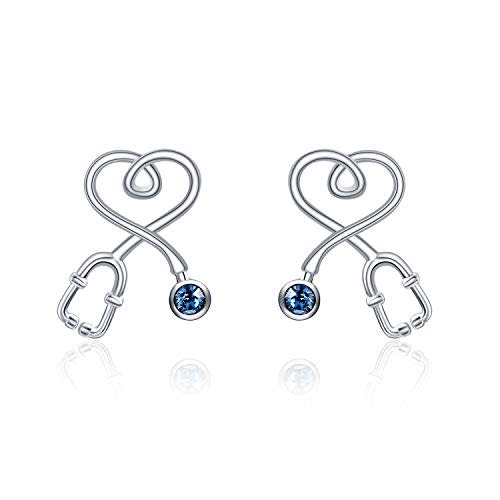 AOBOCO Nurse Earrings Stud Sterling Silver Stethoscope Earrings with Blue Crystal,Fine Jewelry Gift for Nurse Doctor