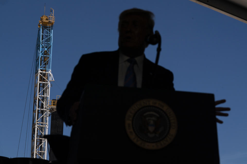 President Donald Trump delivers remarks about American energy production during a visit to the Double Eagle Energy Oil Rig, Wednesday, July 29, 2020, in Midland, Texas. (AP Photo/Evan Vucci)