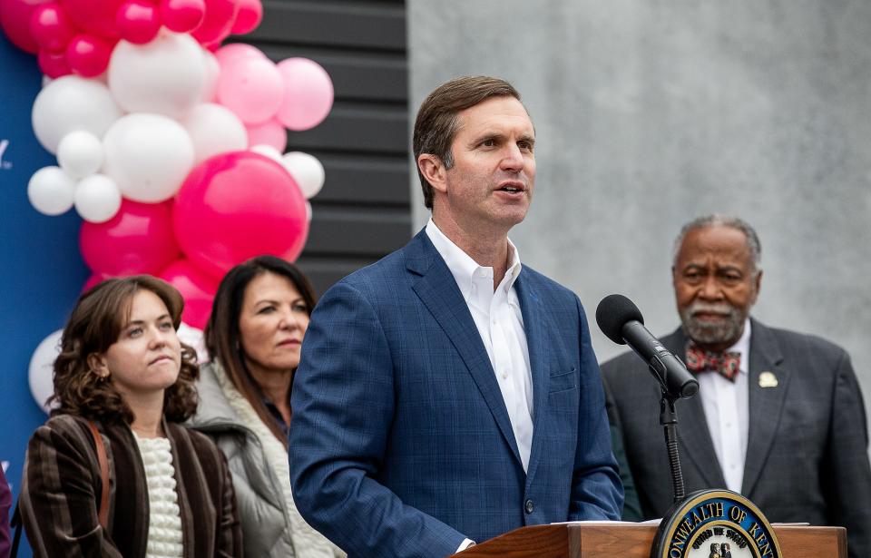 Kentukcy Gov. Andy Beshear was joined by Gina Galvin and Elisabeth Galvin of Stellar Snacks of Carson City, NV, and Senator Gerald A. Neal (D-33) while announcing Stellar's commitment to invest $137 million dollars and bring 350 full-time jobs to West Louisville. Oct. 17, 2023.