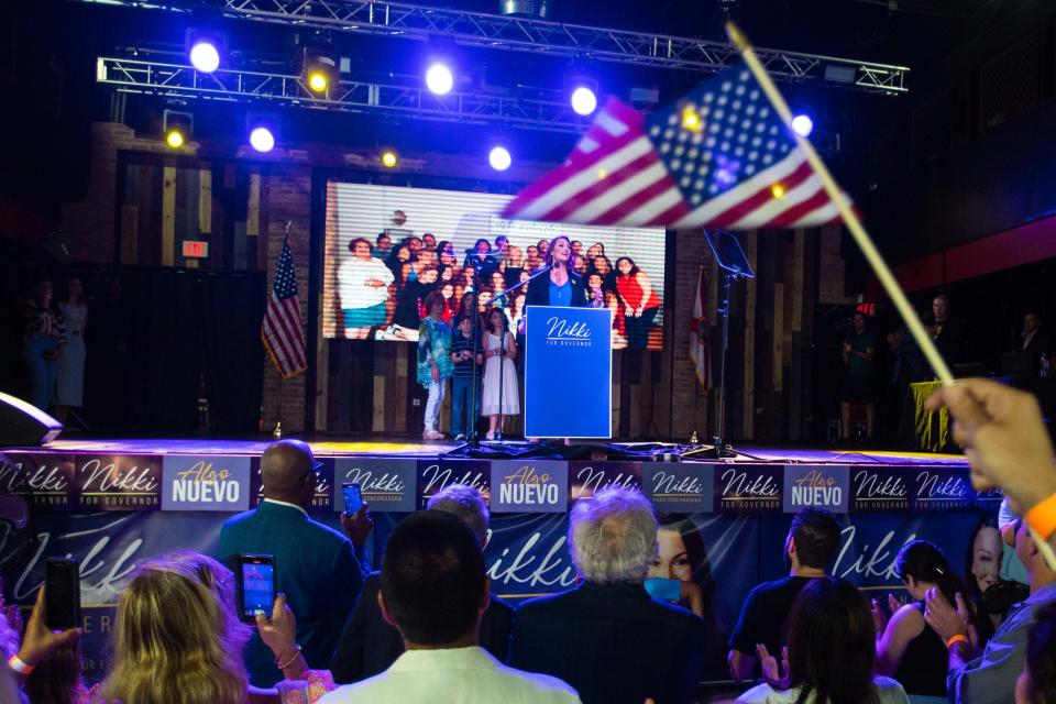 Nikki Fried speaks to the media and supporters after conceding the Democratic primary for governor to Charlie Christ during FriedÕs Democratic primary watch party at Revolution Live in Fort Lauderdale, FL., on Tuesday, August 23, 2022.