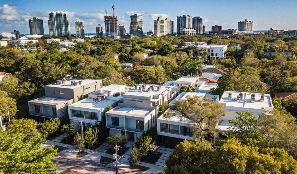 An aerial view of the 12 townhouses that Doug Cox built on Coconut Avenue in Coconut Grove, Fl., Wednesday, February 15, 2023.