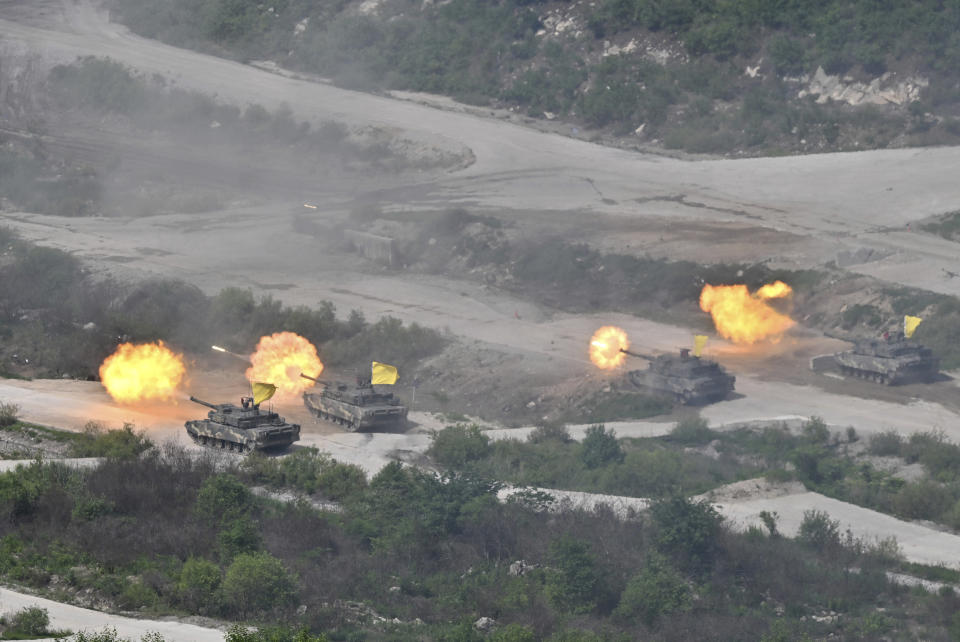 South Korea's K-2 tanks fire during a South Korea-U.S. joint military drill at Seungjin Fire Training Field in Pocheon, South Korea Thursday, June 15, 2023. (Jung Yeon-je/Pool Photo via AP)