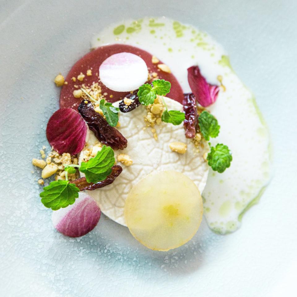 Fermented grape jelly and pine nut custard is one of the dishes on Briana Kim's eight-course menu. 