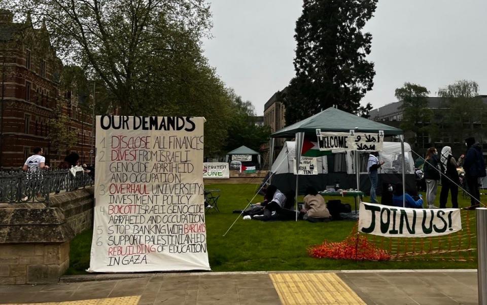Pro-Palestinian demonstrators at Oxford list demands outside university encampment
