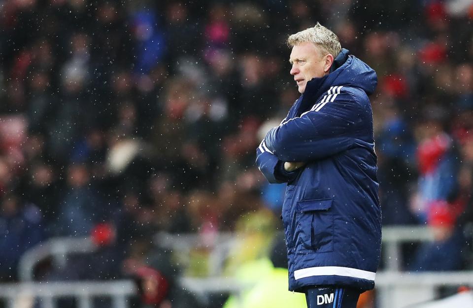 <p>It’s a lonely job: David Moyes looks on during Sunderland’s 4-0 home drubbing to Southampton </p>