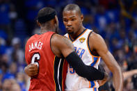 LeBron James of the Miami Heat hugs Kevin Durant of the Oklahoma City Thunder before the start of Game One of the 2012 NBA Finals at Chesapeake Energy Arena on June 12, 2012 in Oklahoma City, Oklahoma. (Photo by Ronald Martinez/Getty Images)