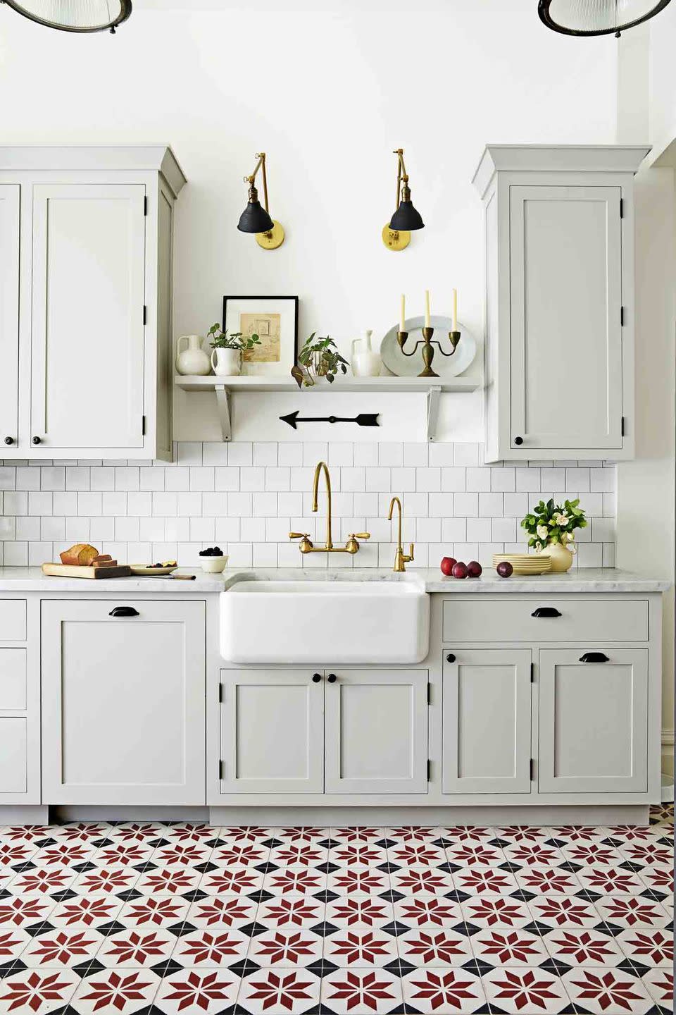Patterned Floor in a White Kitchen
