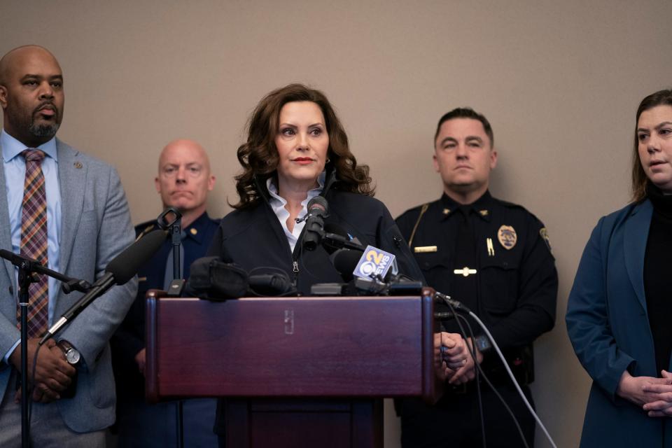 Gov. Gretchen Whitmer speaks to the media on Tuesday, Feb. 14, 2023, during a news conference at University Club of Michigan State University.