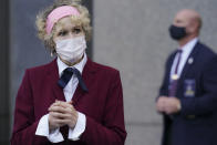 E. Jean Carroll, who says President Donald Trump raped her in the 1990s, leaves the Daniel Patrick Moynihan United States Courthouse following a hearing in her defamation lawsuit against Trump, Wednesday, Oct. 21, 2020, in New York. (AP Photo/John Minchillo)