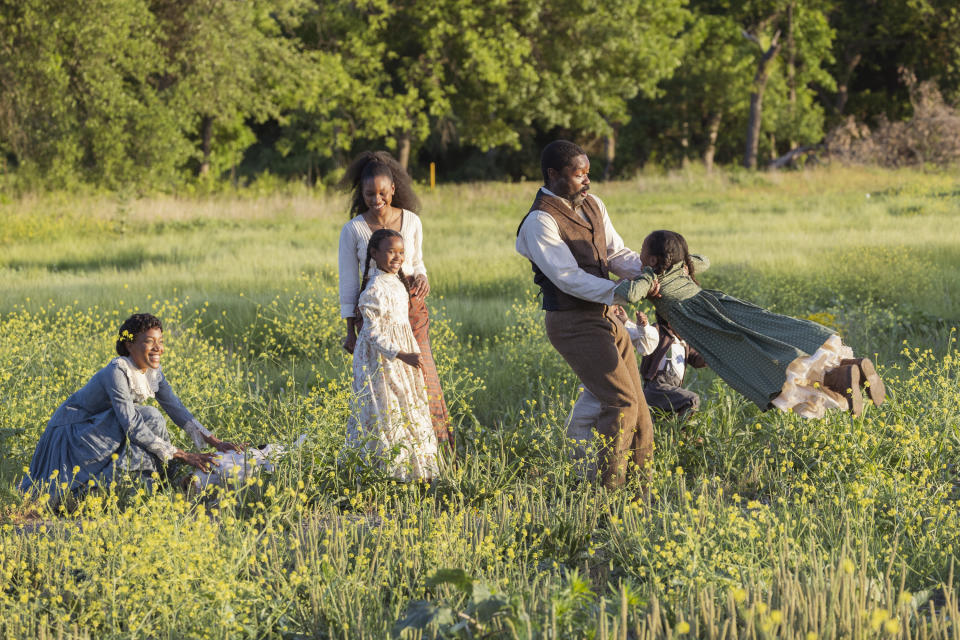 L-R Lauren E Banks as Jennie Reeves, Demi Singleton as Sally Reeves, and David Oyelowo as Bass Reeves in Lawmen: Bass Reeves, episode 8, season 1, streaming on Paramount+, 2023. Photo Credit: Lauren Smith/Paramount+