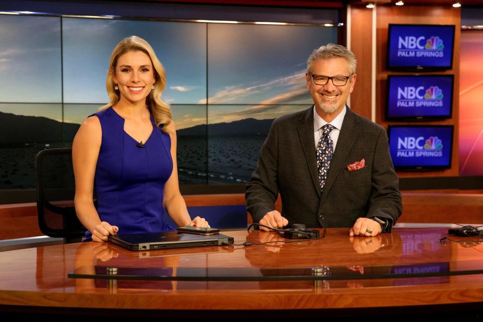 Fred Roggins, right, chats with NBC Palm Springs news anchor Olivia Sandusky inside the television newsroom in Palm Desert, Calif., on Nov. 27, 2023. Roggins will be doing a new show for NBC Palm Springs beginning in January.