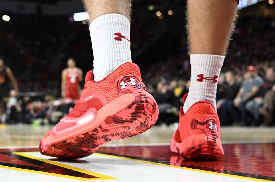 The Wisconsin Badgers wear Under Armour shoes during the game against the Maryland Terrapins at Xfinity Center on January 25, 2023. (Photo by G Fiume/Getty Images)