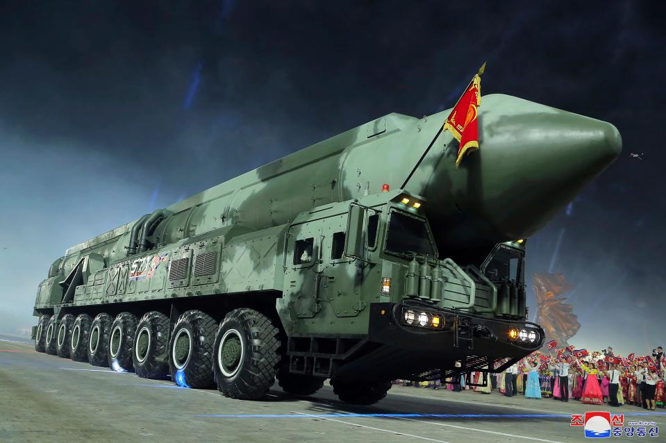 This photo provided by the North Korean government, shows what it says Hwasong-18 intercontinental ballistic missile during a military parade on Thursday.