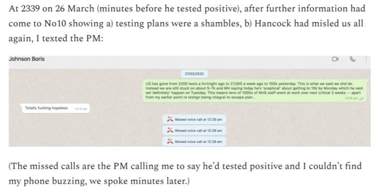 WhatsApp messages purportedly exchanged between Dominic Cummings and Boris Johnson (Dominic Cummings)