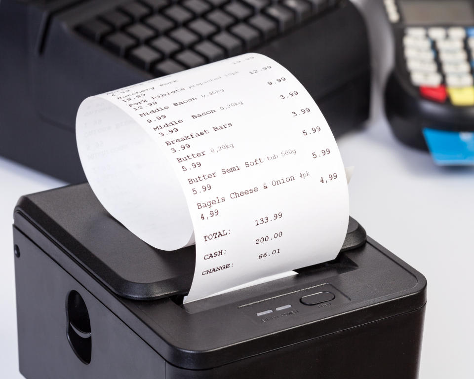 Receipt paper is typically printed with heat, rather than ink, which requires specially coated paper. Last year, 280,000 metric tons of paper were used for receipts in the U.S. (Photo: ZavgSG via Getty Images)