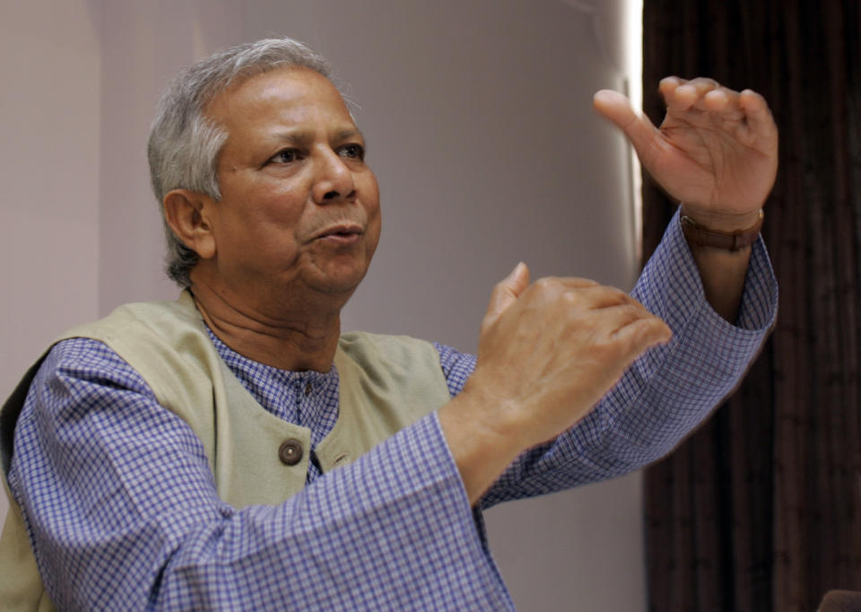 Mohammad Yunus, Nobel Peace Prize winner and founder of the Grameen bank, speaks during a press conference in New Delhi, India, Tuesday, March 31, 2009. His pioneering bank is owned by the poor borrowers it serves, and sustains itself with local deposits. (FILE: AP Photo/Gemunu Amarasighe)