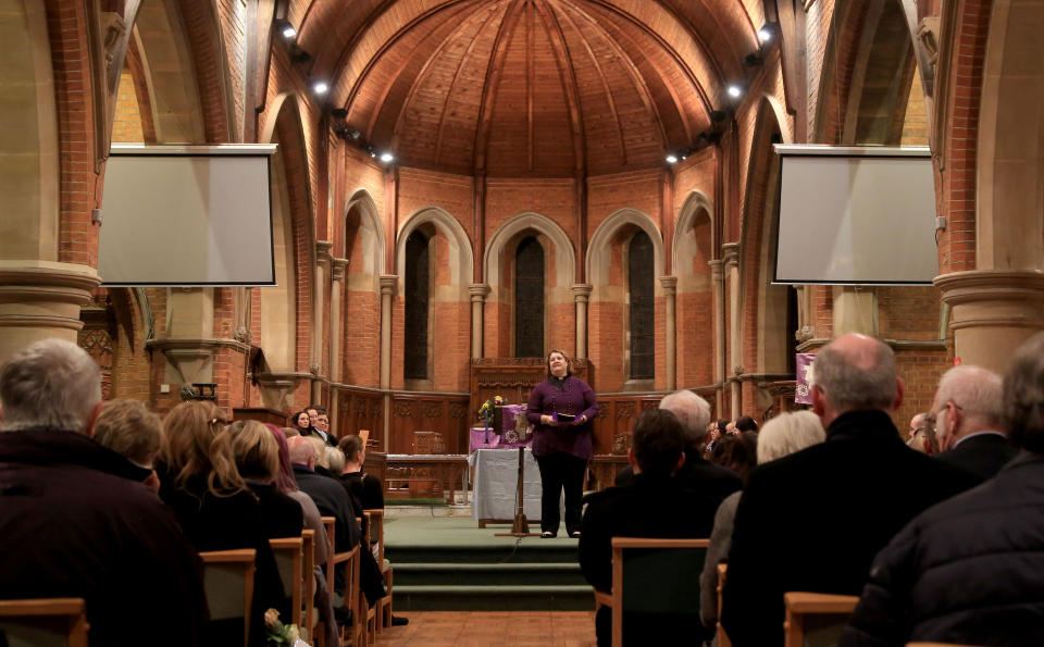 Sara-Jane Stevens, Curate at St. Matthews Church in Worthing, West Sussex, conducts a memorial service for Stuart and Jason Hill, who were killed alongside Becky Dobson in a helicopter crash in the Grand Canyon.