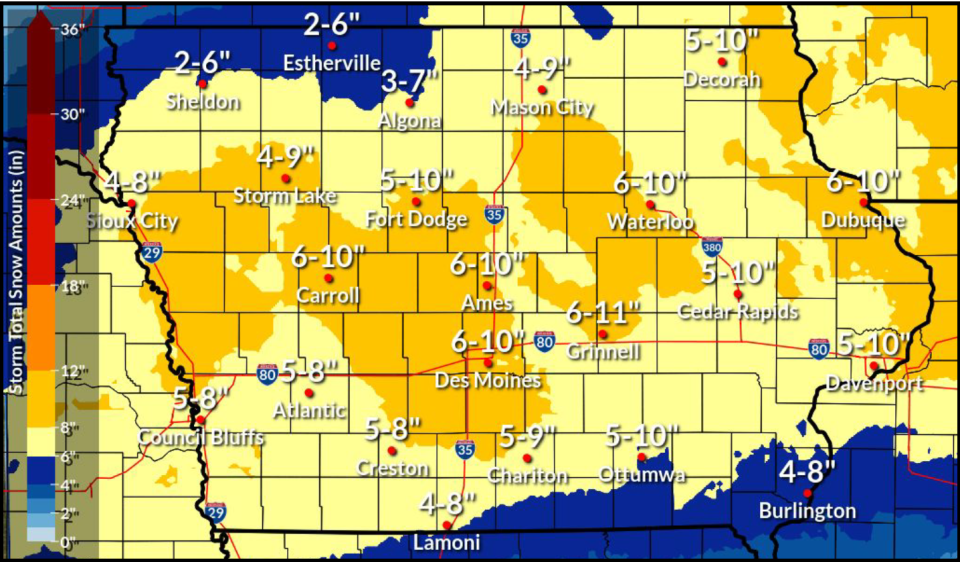 A snowfall forecast issued by the National Weather Service on Jan. 11, 2024 shows the potential for heavy snow on Thursday into Friday.