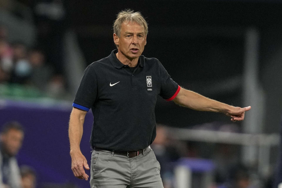 South Korea's coach Jurgen Klinsmann reacts during the Asian Cup Round of 16 soccer match between Saudi Arabia and South Korea, at the Education City Stadium in Al Rayyan, Qatar, Tuesday, Jan. 30, 2024. (AP Photo/Thanassis Stavrakis)