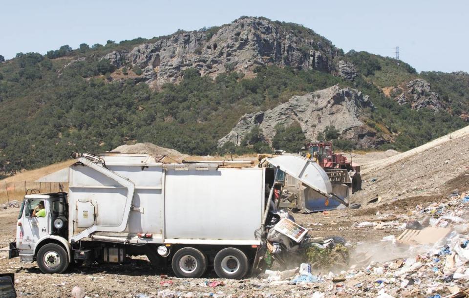 A San Luis Garbage truck drops off a load at Cold Canyon Landfill on Highway 227.