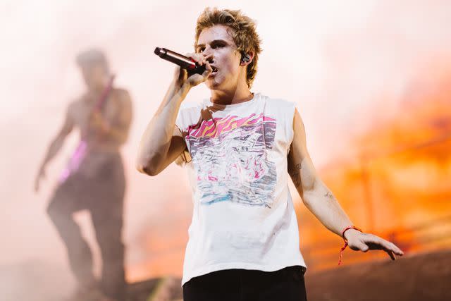 <p>Matt Winkelmeyer/Getty</p> The Kid LAROI performs onstage at the Sahara tent during the 2023 Coachella Valley Music and Arts Festival