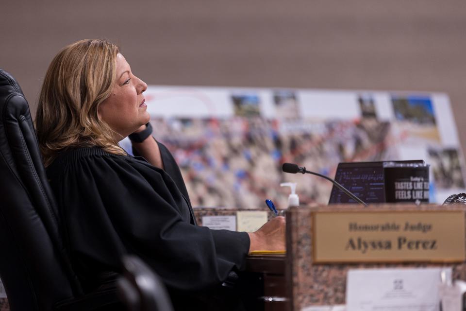 Judge Alyssa G. Perez of the 210th District Court listens as Joseph Angel Alvarez testifies on Wednesday, Oct. 18, 2023, at the Enrique Moreno County Courthouse in Downtown El Paso.