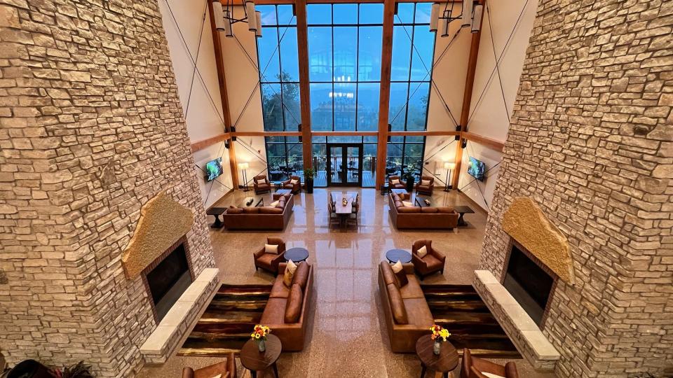 The twin fireplaces at the Hocking Hills Lodge make a great place to warm up.