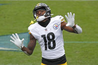 Pittsburgh Steelers wide receiver Diontae Johnson celebrates after scoring a touchdown against the Tennessee Titans in the first half of an NFL football game Sunday, Oct. 25, 2020, in Nashville, Tenn. (AP Photo/Wade Payne)