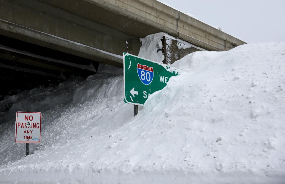 Snow is piled up under I-80 following a massive snowstorm in the Sierra Nevada mountains on March 4, 2024 near Soda Springs, California.
